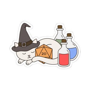 May include: A sticker featuring a white cat wearing a witch hat, sleeping next to an orange twenty-sided die. Three potion bottles with cork stoppers are behind the cat, with red, blue, and green liquids inside.