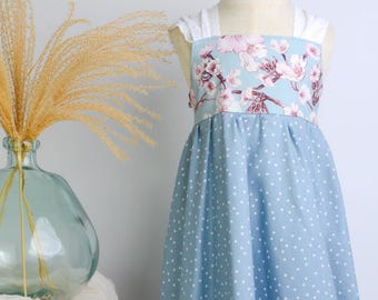 Cherry Blossom Girls Dress | Soft Floral Toddler Sundress, Lace Strap Back, Twirly Skirt | Island Inspired, Handmade in Maui