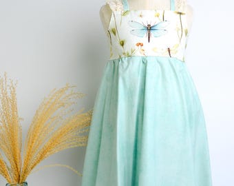 Dragonfly Girls Dress | Botanical Toddler Sundress, Lace Strap Back, Twirly Skirt | Garden Inspired, Handmade in Maui