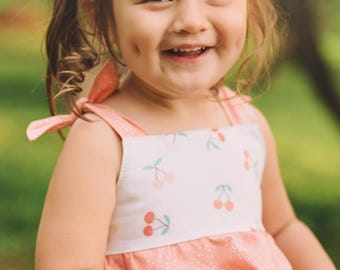 Cherry Print Girls Dress | Peach Twirl Dress for Toddler Girl | Baby Girl Summer Dress | Adjustable Strap Dress | Handmade Maui Hawaii