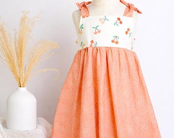 Girls Dress -  Cherry Print with Peachy Twirly Skirt and Adjustable Straps  - Baby, Toddler or Kid's Dress  - Handmade in Maui, Hawaii USA