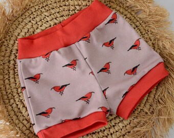 Eco-Friendly Organic Knit Baby Shorts | ‘I’iwi Native Hawaiian Bird Print | Gender Neutral Soft Diaper Cover Bummies  - Handmade in Hawaii