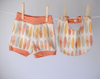 Eco-Friendly Organic Knit Baby Shorts and Bib Gift Set | Surfboards Print | Soft & Comfy Diaper Cover Bummies, or Shorts and Bib