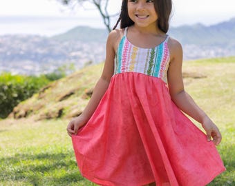 Handmade Girls Lei Print Twirl Dress - Rainbow Flower Design - 100 Percent Cotton | Made in Maui, Hawaii