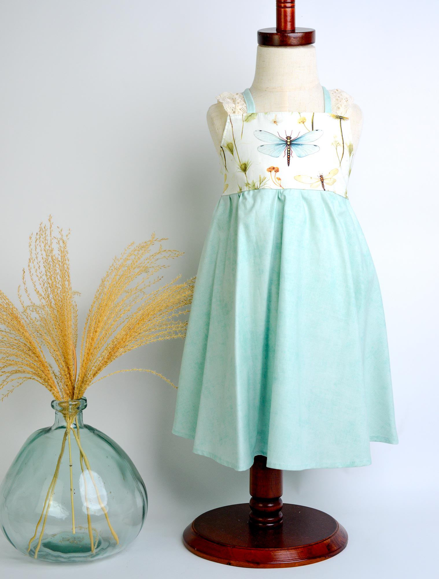 Dragonfly Girls Dress Botanical Toddler Sundress, Lace Strap Back, Twirly Skirt Garden Inspired, Handmade in Maui