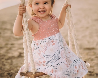 Girls Dress -  Ocean Friends Print Dress  - Coastal Themed Baby, Beach Ocean Loving Toddler or Kids Dress  - Handmade in Maui, Hawaii USA