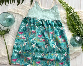 SALE - Mermaid Themed Print Girls Dress - With Coordinated Dress Option - Girls Dress for Toddler, Youth  - Made in Maui, Hawaii USA