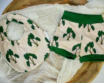 Eco-Friendly Organic Knit Baby Shorts and Bib Gift Set | Kalo (Taro) Print | Soft & Comfy Diaper Cover Bummies, or Shorts and Bib