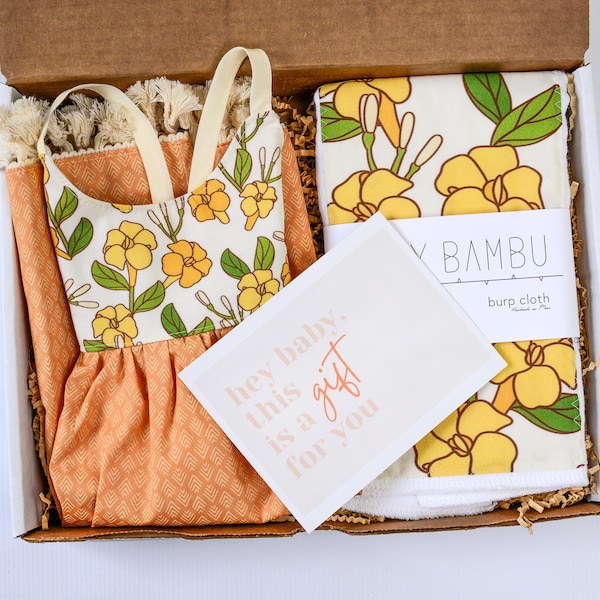 Handmade Baby Girl Gift Box | Puakenikeni Flower Print  Dress & Burp Cloth Set | Size 6-12 Months | Made in Maui, Hawaii