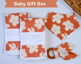 Hibiscus Baby Gift Set | Hawaiian Baby Shower Gift | Burp Cloths, Bib & Teether | Handmade in Maui