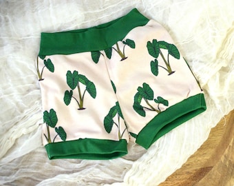 Eco-Friendly Organic Knit Baby Shorts | Kalo (Taro) Print | Soft & Comfy Diaper Cover Bummies, or Shorts - Handmade in Maui, Hawaii USA