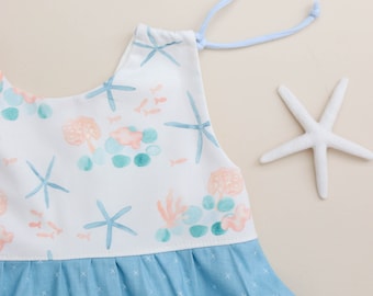 Girls Dress - Toddler Dress - Baby Girl Dress - Starfish Twirly Dress in Blue - Made in Hawaii