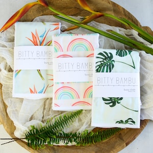 Baby Burp Cloth Set of 3 - Monstera, Rainbows and Bird of Paradise Prints - Tropical Baby Gift Set - Layette Gift - Hawaii Baby Gift Set