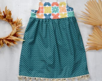 Handmade Girls' Hawaiian Quilt Design Dress with Fringe | Toddler & Baby Girl Dress | 100% Cotton | Made in Hawaii