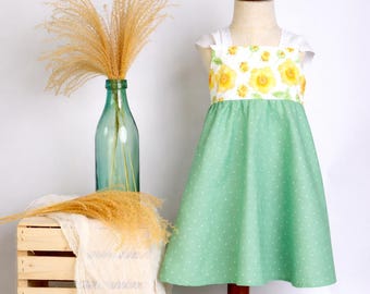 Girls Dress - 'Ilima Flower Print with Twirly Skirt and Lace -  Hawaii Floral Toddler Dress - Baby Girl Dress - Handmade in Maui, Hawaii USA