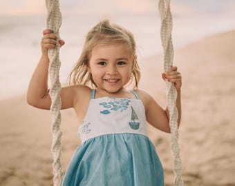 Girls Dress -  Nautical Sailboat and Fish Print Dress - Baby, Toddler or Kids Dress  -  Small Batch Handmade in Maui, Hawaii