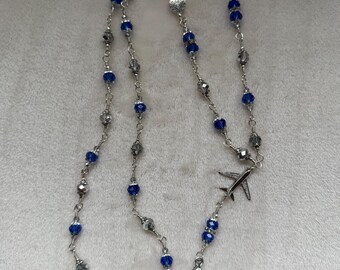 Lanyard/Badge Holder Blue & Clear/Silver AB Crystal with Rhinestone Encrusted Hearts  for Flight Attendants
