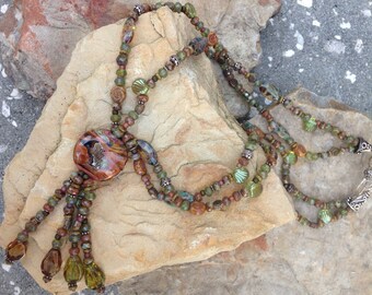 Green and Brown Czech glass and Glass beads with Sterling Silver Clasp