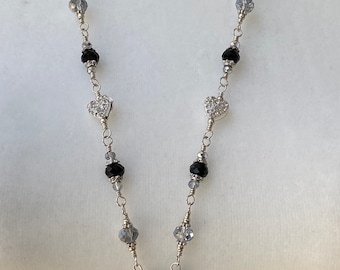Black and Silver/Clear AB Crystals with Rhinestone Hearts Lanyard Badge Holder Flight Attendant  Teacher