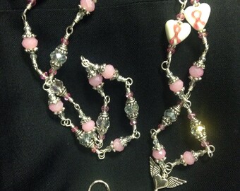 Pink Crystal and White Heart shaped Pink Ribbon Bead breast Cancer Awareness Lanyard