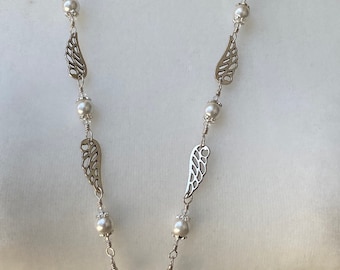 Lanyard, Badge Holder Flight Attendant, Teacher White Pearl with Clear AB Crystals and silver Angel Wings