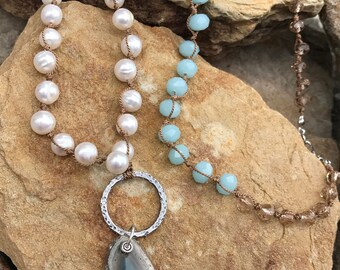 Knotted Pearl and Crystal Necklace eith Agate Geode Pendant
