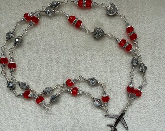 Lanyard/Badge Holder Red & Clear/Silver AB Crystal with Rhinestone Encrusted Hearts  for Flight Attendants
