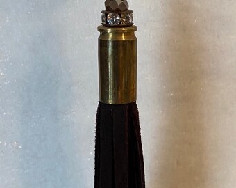 Peach Glass Crystal Beaded Necklace with Brown Leather Tassel