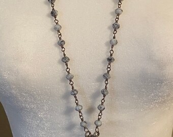 Hand Knotted Marbled Glass Bead with Black Leather Tassel