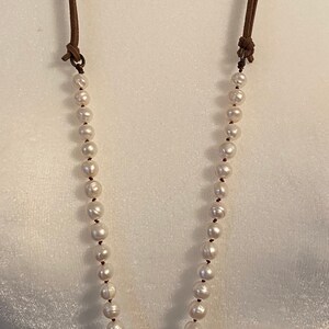 Antique Cross on Handed Knotted White Pearl and Leather Necklace
