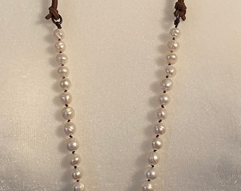 Antique Cross on Handed Knotted White Pearl and Leather Necklace