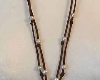 Blinged Silver Cross on Faux Leather Knotted Lacing with Fresh Water Pearls