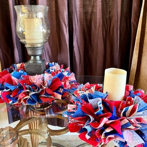 Sparkling Patriotic Fabric Candle Ring: 4th of July Centerpiece,