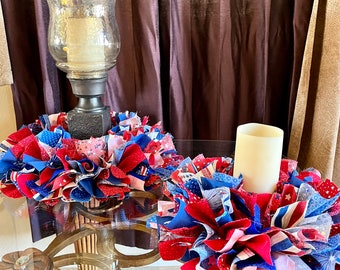 Sparkling Red White and Blue Fabric Candle Ring,4th of July Candle ring,July 4th Centerpiece,Patriotic Decor,Summer Decoration,Mantle Decor