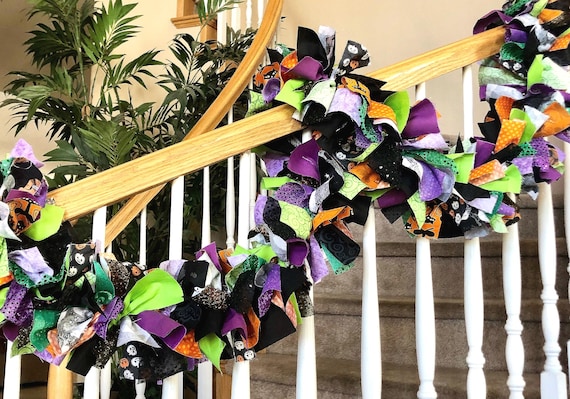 Colorful Handmade Halloween Fabric Garland, Sequin Mantel Decor, Custom Length