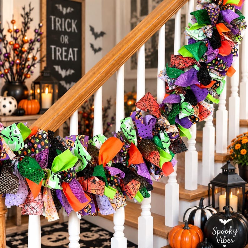 May include: A decorative Halloween garland draped over a wooden staircase railing, featuring a mix of fabric ribbons in orange, purple, lime green, and black with patterns of pumpkins, bats, and spiderwebs, accented with glittery textures.