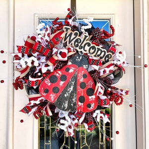 Ladybug Wreath,Summer Door Wreath,Front Door Wreath,Porch Wreath,Summer Decor,Summer Decoration,Welcome Wreath,Ladybug Decoration