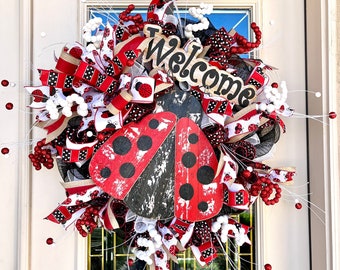 Ladybug Wreath,Summer Door Wreath,Front Door Wreath,Porch Wreath,Summer Decor,Summer Decoration,Welcome Wreath,Ladybug Decoration