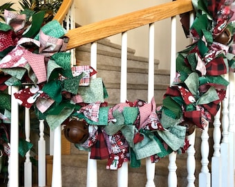 Christmas Garland with rustic jingle bells in  Deep country colors,Rag garland,Christmas decoration,Christmas Party decoration,Holiday decor