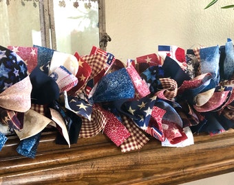 Patriotic Fabric Garland, Deep Red and Blue Garland, Handmade Americana Decor, July 4th Mantel