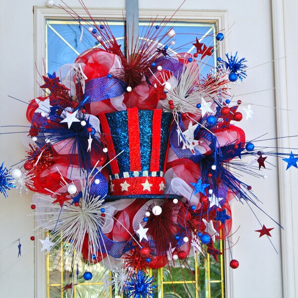 Festive 4th of July Patriotic Mesh Ribbon Wreath with Lighted Uncle Sam Top Hat and Sparkles