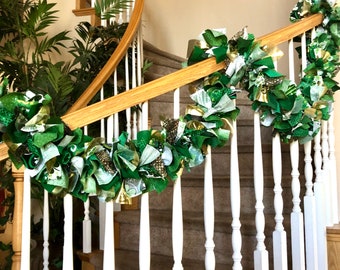 SHIPS FREE Retro vintage style chenille St Patrick/'s Day garland for mantle windows photo back drop \u2013 green /& white