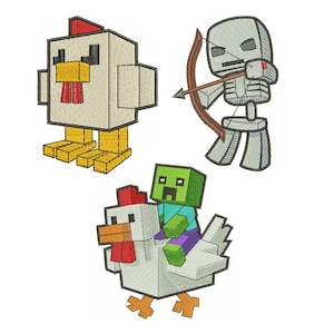 以下が含まれることがあります： ブロック状のピクセル化されたキャラクターが刺繍された3つのワッペン。1つは黄色い足の白い鶏、1つは茶色の弓を持った灰色の骸骨、もう1つはオレンジ色の足の白い鶏に乗った緑色の生き物です。