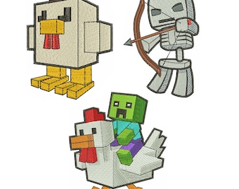 Embroidery Designs Games Characters, Game Embroidery Design Files Skeleton, Chicken Jockey, Gamer Machine Embroidery