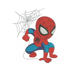 May include: Embroidered image of Spider-Man in a crouching pose, with a red and blue costume. The character has large white eyes and a black spider emblem on the chest. A spider web is in the background.