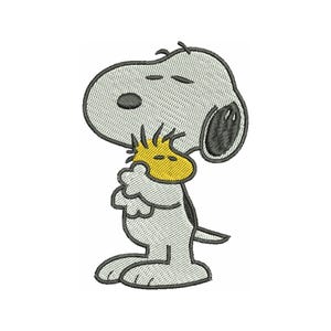 May include: Embroidered image of Snoopy hugging Woodstock. Snoopy is white with black accents and a black ear. Woodstock is yellow. The image is a cartoon style.