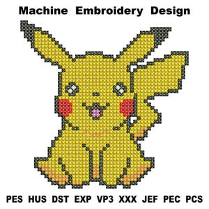 Pikachu-machineborduurontwerp, borduurmachinebestand, borduurontwerp Pokemon, direct downloaden, kruissteek.