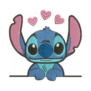 Disegno per macchina da ricamo "Stitch with Hearts", file di disegno per ricamo "Lilo e Stitch", punto carino, disegni da ricamo a cartoni animati