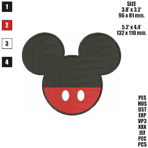 Op de afbeelding: Zwart en rood Mickey Mouse hoofd borduurontwerp. Het ontwerp is 3,8 inch bij 3,2 inch of 96 millimeter bij 81 millimeter.