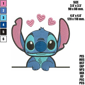 May include: Embroidered design featuring a blue alien character with large eyes and pink ears, accompanied by three pink hearts. The design measures 3.6" x 3.5" (90 x 88 mm) and 4.8" x 4.6" (120 x 118 mm).